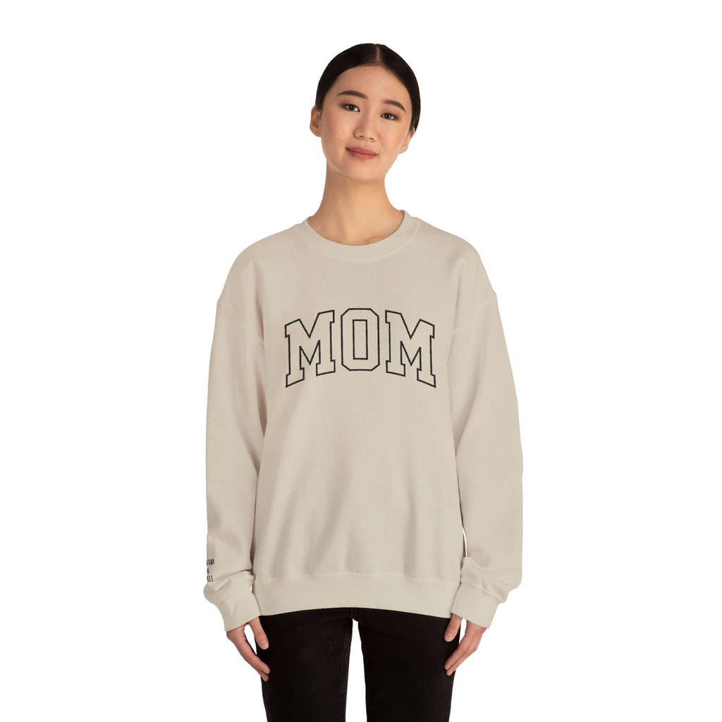 Embroidered MOM Sweatshirt – Personalized Name Sleeve Crewneck, Custom Embroidered Mom Gift, Cozy Unisex Pullover