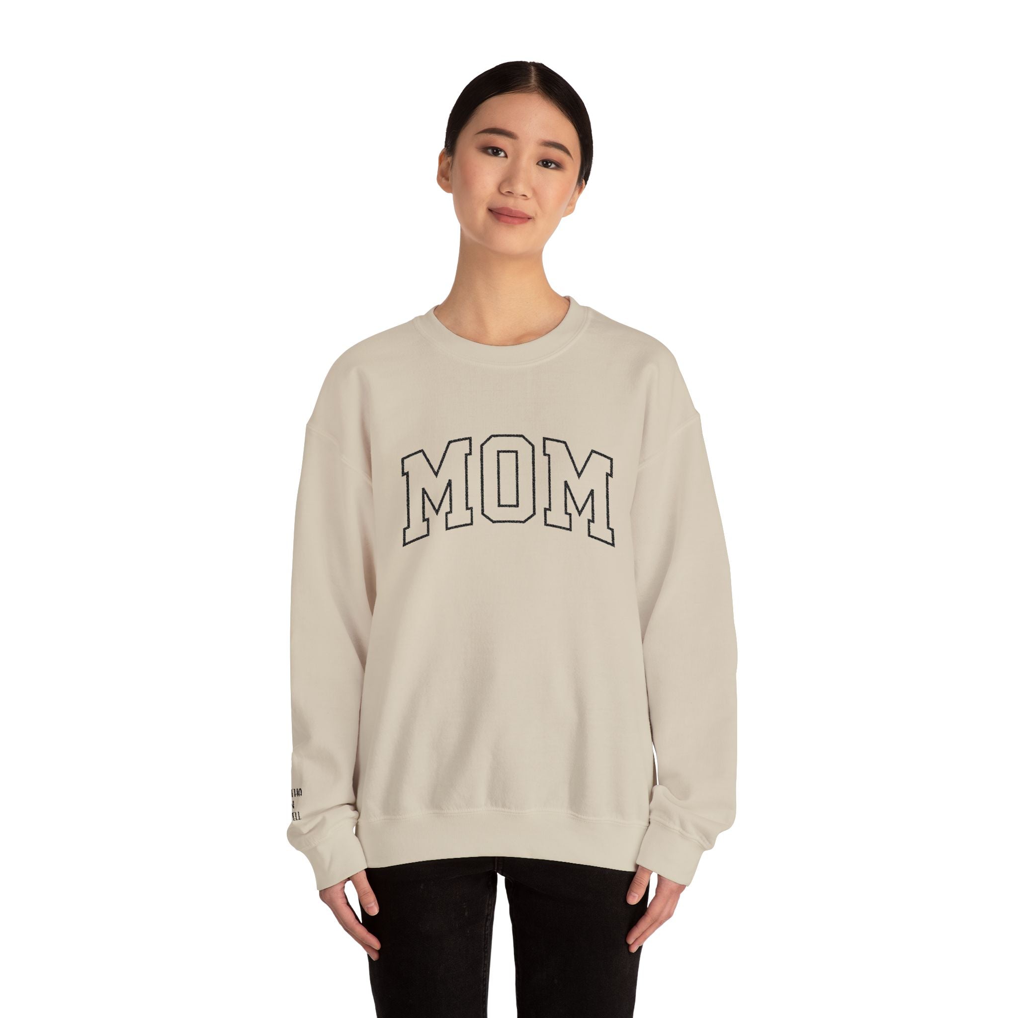 Embroidered MOM Sweatshirt – Personalized Name Sleeve Crewneck, Custom Embroidered Mom Gift, Cozy Unisex Pullover