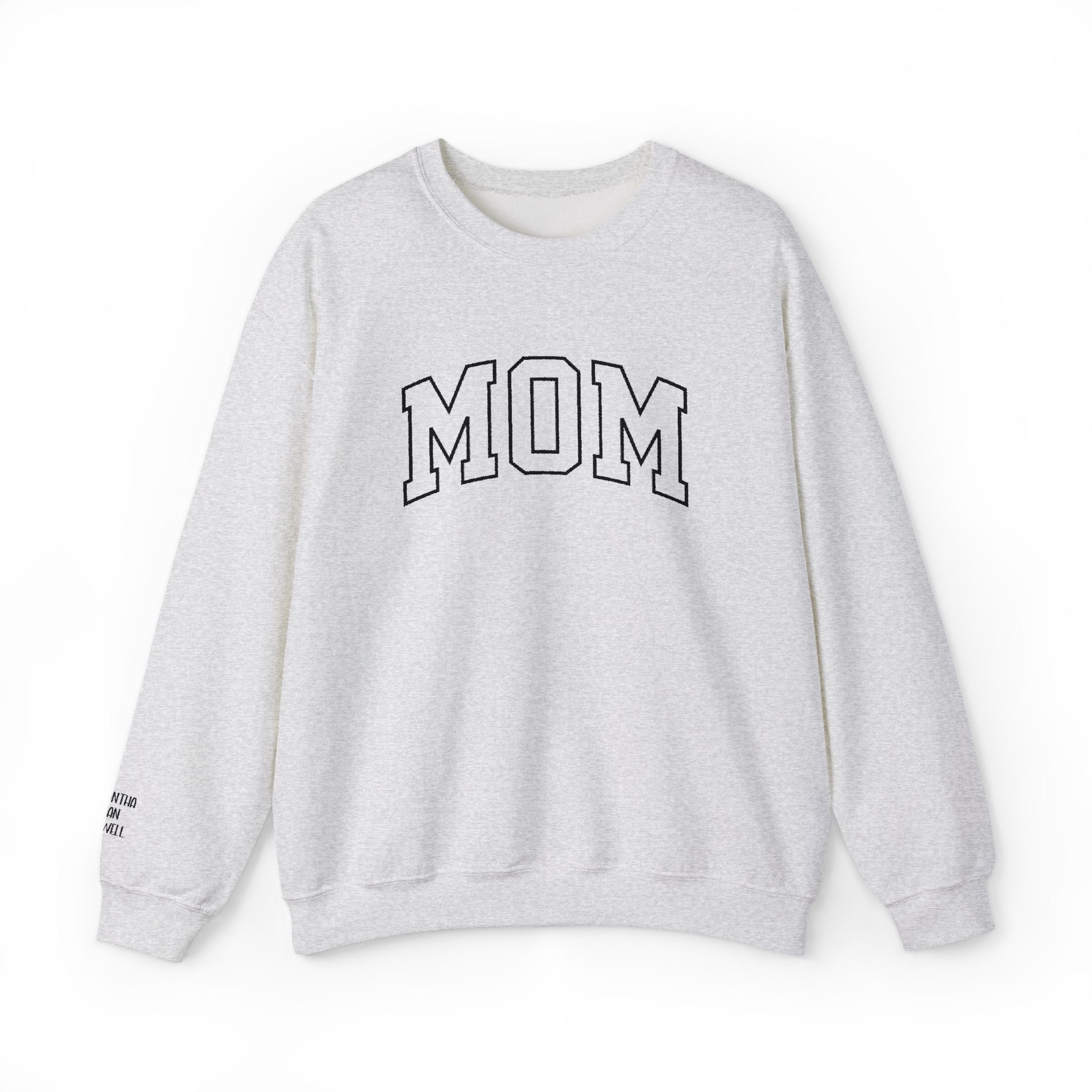Embroidered MOM Sweatshirt – Personalized Name Sleeve Crewneck, Custom Embroidered Mom Gift, Cozy Unisex Pullover