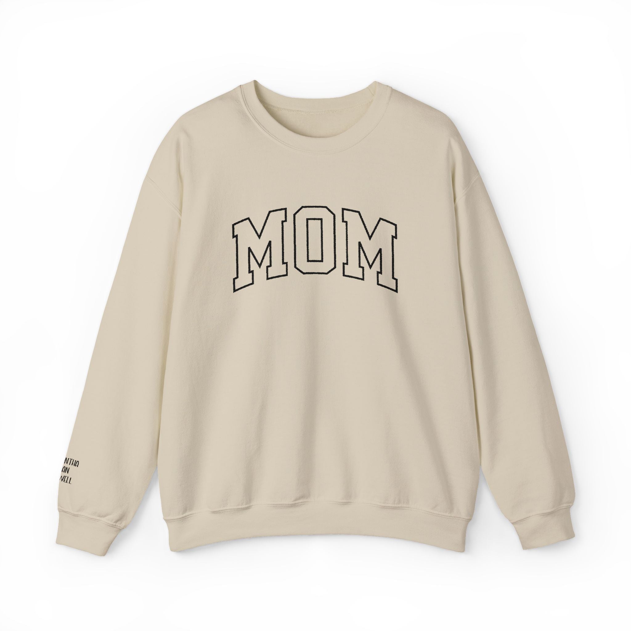 Embroidered MOM Sweatshirt – Personalized Name Sleeve Crewneck, Custom Embroidered Mom Gift, Cozy Unisex Pullover