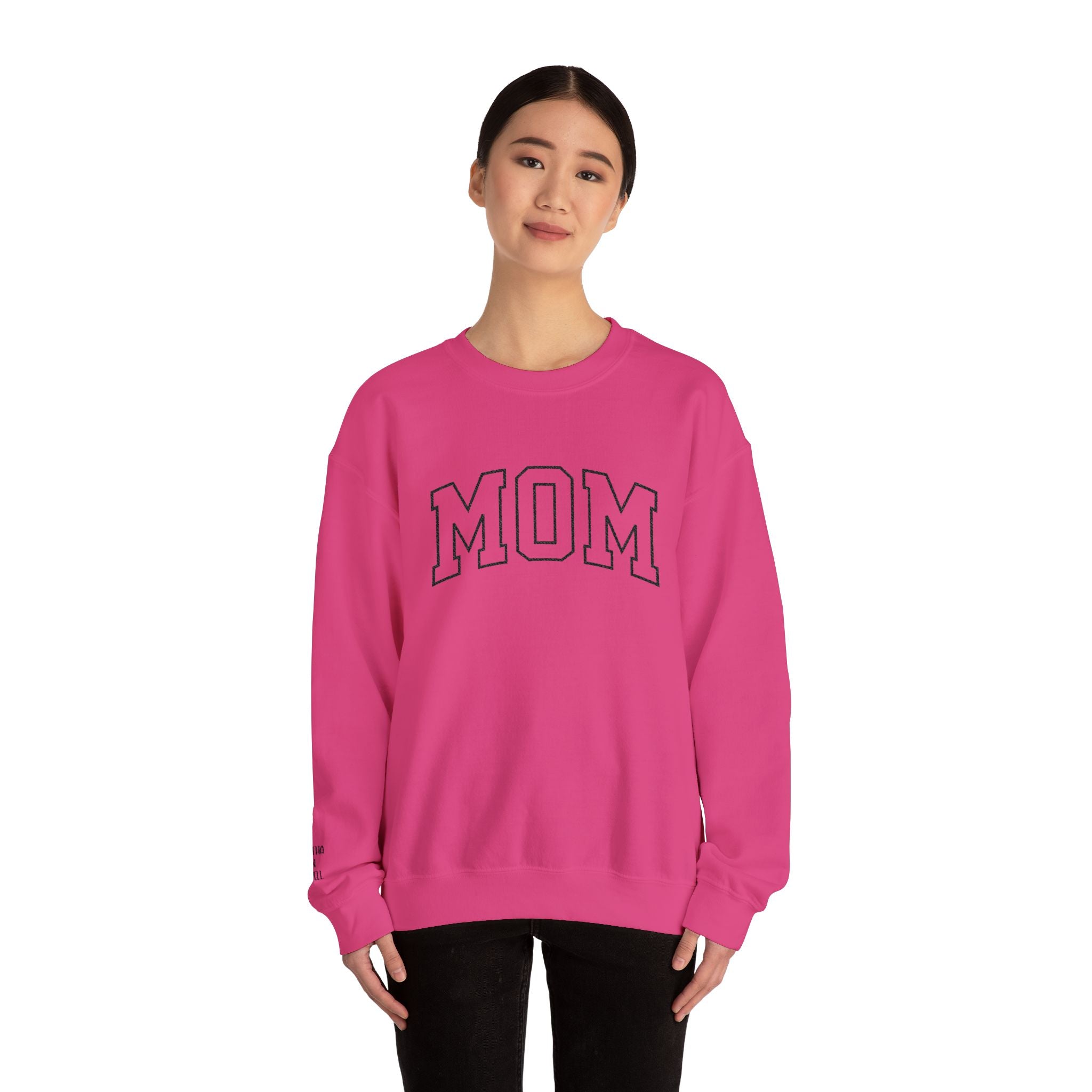 Embroidered MOM Sweatshirt – Personalized Name Sleeve Crewneck, Custom Embroidered Mom Gift, Cozy Unisex Pullover