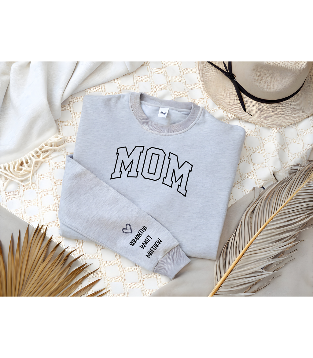 Embroidered MOM Sweatshirt – Personalized Name Sleeve Crewneck, Custom Embroidered Mom Gift, Cozy Unisex Pullover