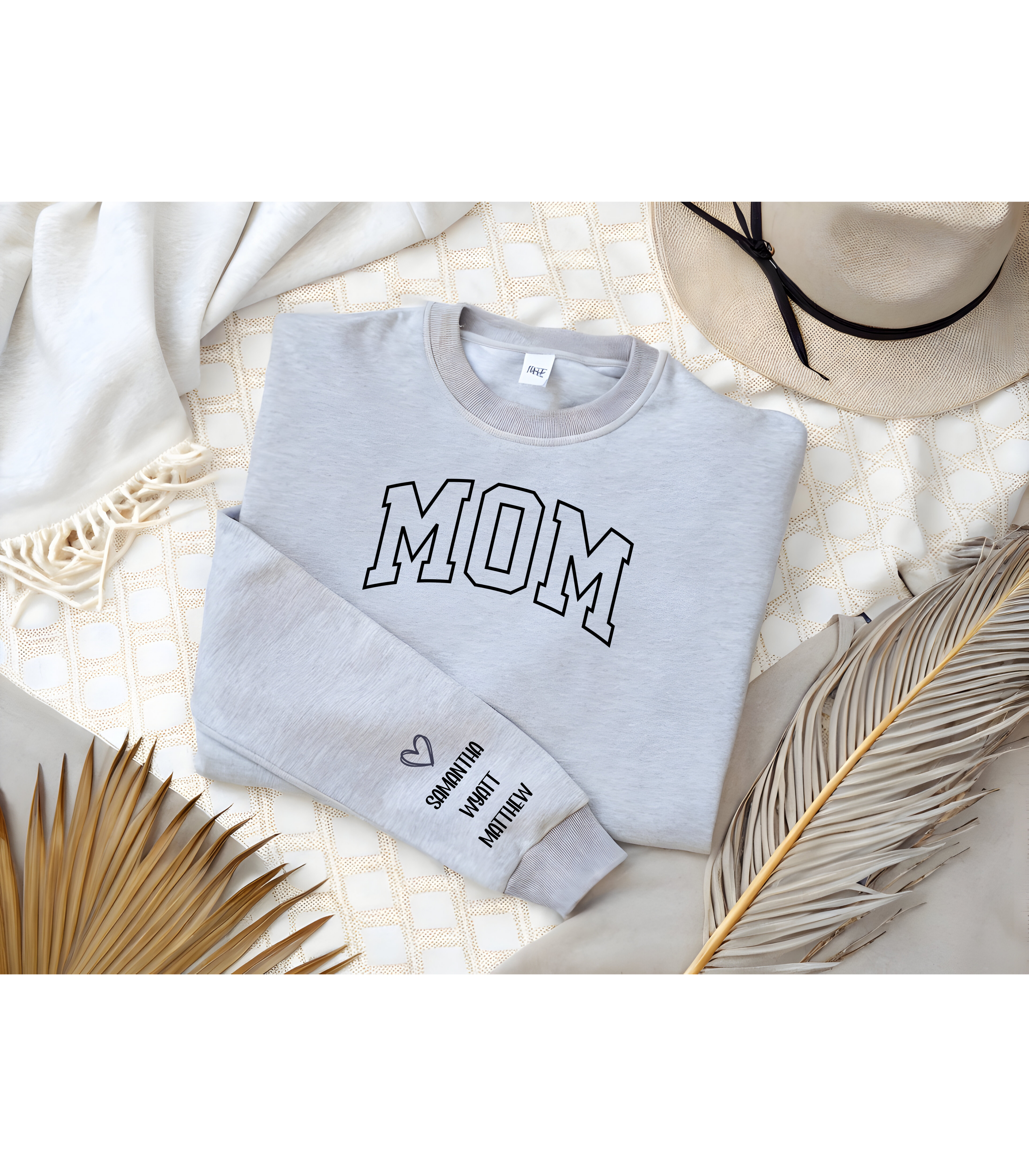 Embroidered MOM Sweatshirt – Personalized Name Sleeve Crewneck, Custom Embroidered Mom Gift, Cozy Unisex Pullover